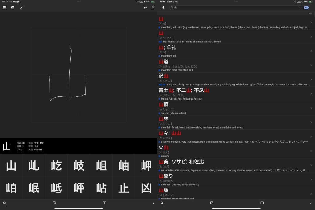 iPadでの辞書アプリの使用例